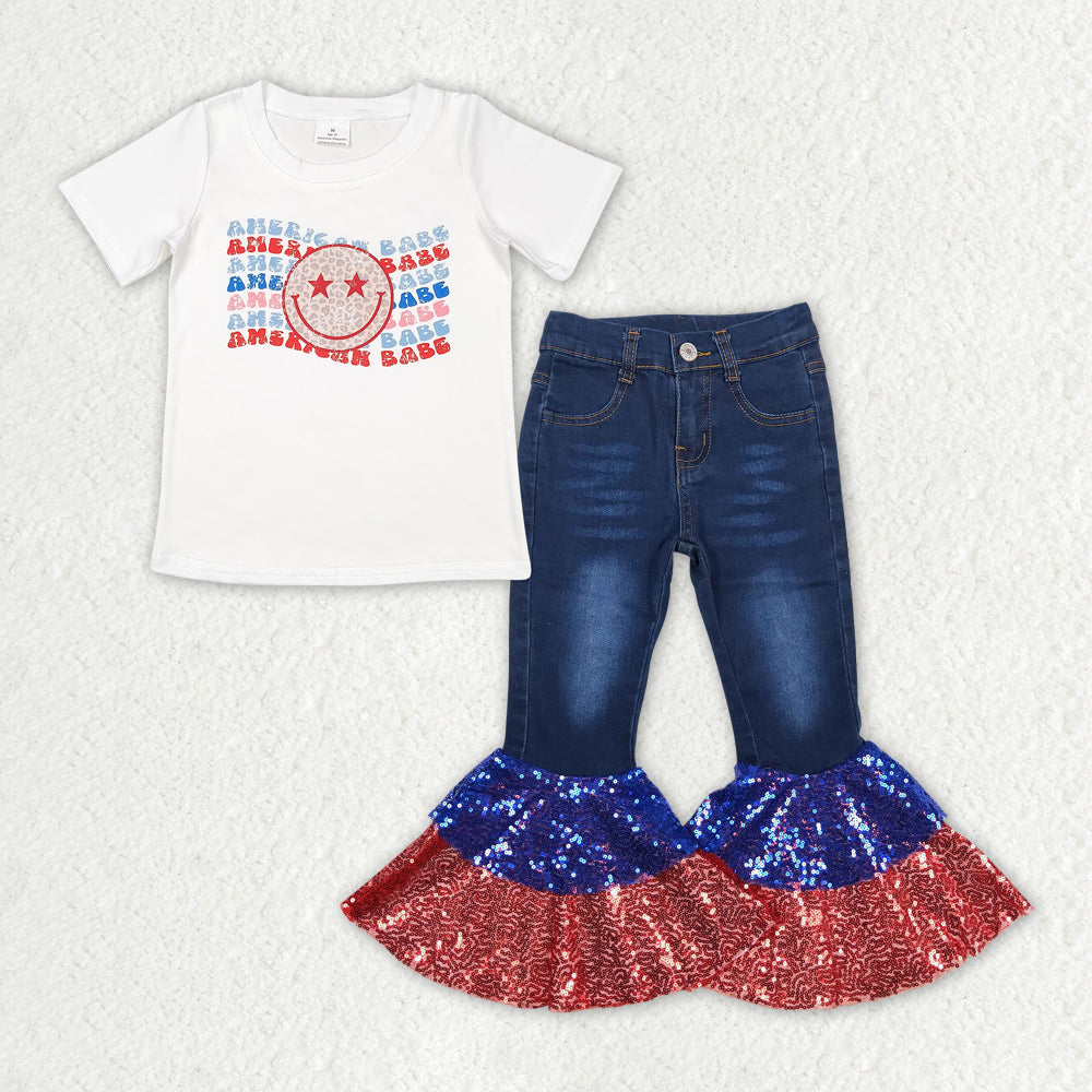 GSPO1624 American Babe Top Blue Denim Sequin Bell Jeans Girls 4th of July Outfits