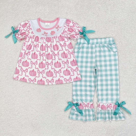 GSPO1627 Pumpkin Bows Embroidery Pink Tunic Top Checkered Pants Girls Fall Clothes Set