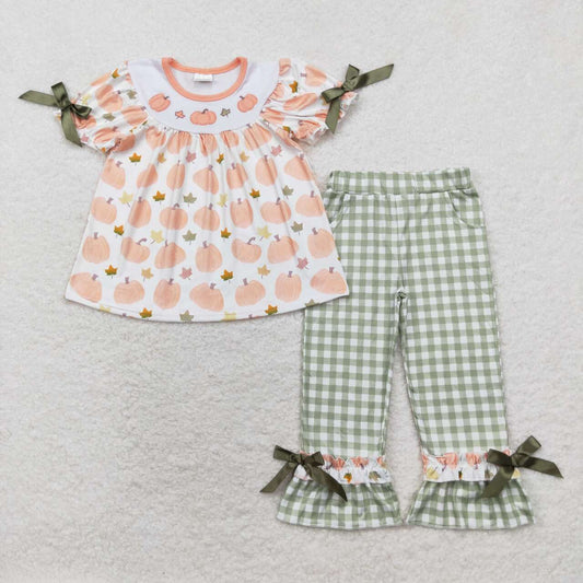 GSPO1640 Pumpkin Leaf Embroidery Tunic Top Checkered Pants Girls Fall Clothes Set