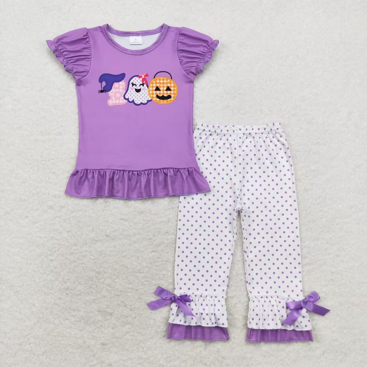 GSPO1647 BOO Purple Top Dots Ruffle Pants Girls Halloween Clothes Set