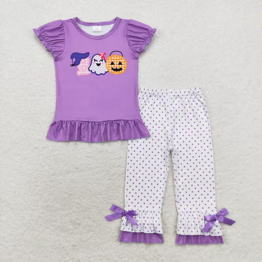 GSPO1647 BOO Purple Top Dots Ruffle Pants Girls Halloween Clothes Set