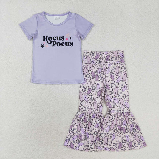 GSPO1669 Witch Purple Top Ghost Bell Pants Girls Halloween Clothes Set
