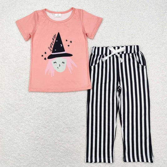GSPO1673 Spooky Witch Pink Top Stripes Pants Girls Halloween Clothes Set