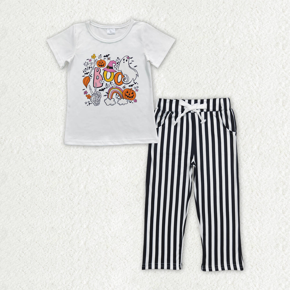 GSPO1701 BOO Rainbow Flowers White Top Stripes Pants Girls Halloween Clothes Set
