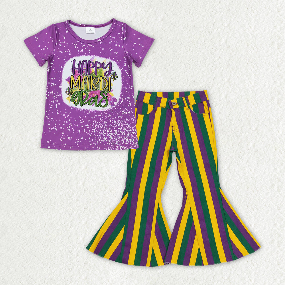 Sibling Baby Girls Mardigras Top Denim Bell Bottom Pants Clothes Sets