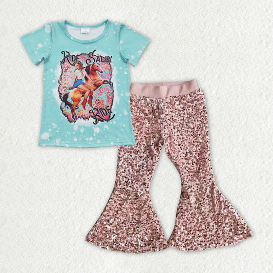 Sibling Baby Girls Horse Rodeos Tunic Sequin Bell Bottom Pant Western Clothes Set