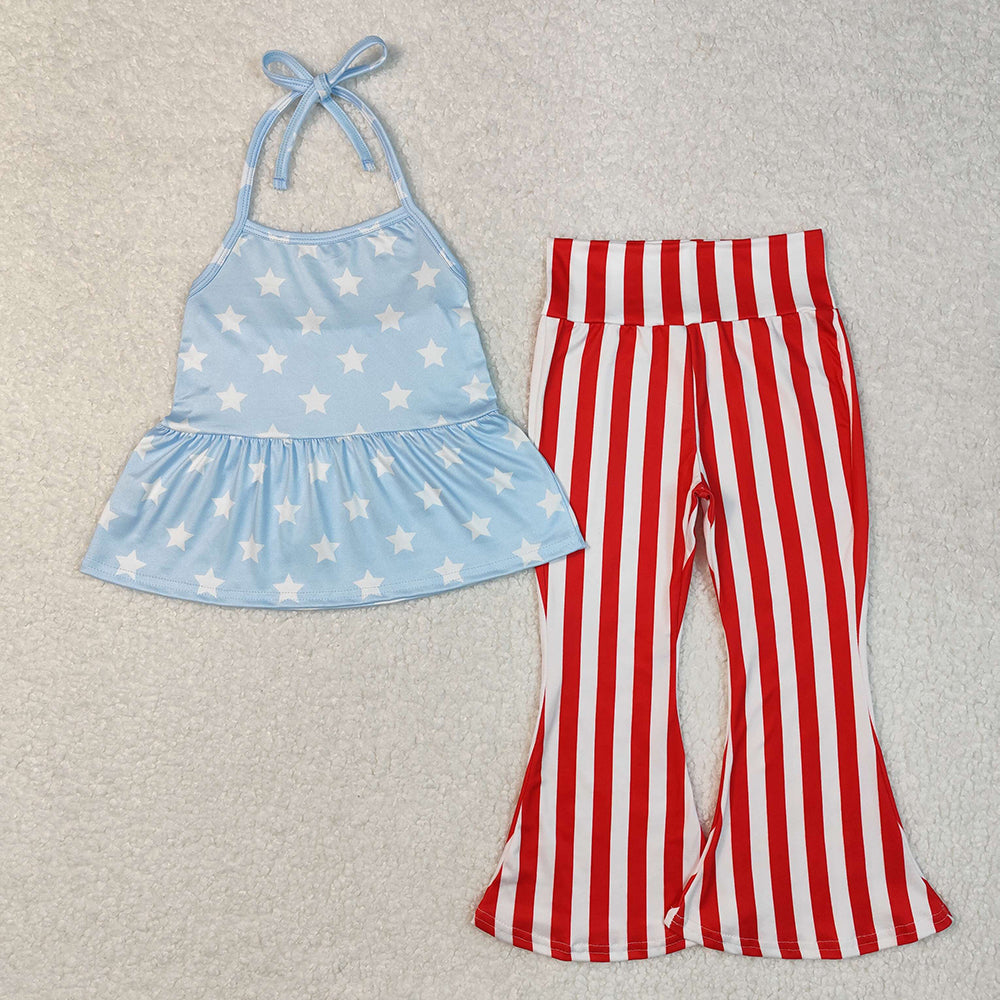GSPO1974 Stars Halter Tunic Top Red Stripes Bell Pants Baby Girls 4th of July Clothes Set