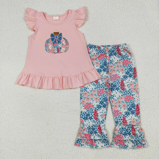 GSPO2032 Pumpkin Embroidery Pink Top Flowers Ruffle Pants Girls Fall Clothes Set
