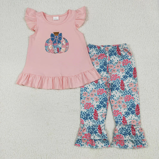 Embroidery Baby Girls Floral  Pumpkin Tunic Top with Ruffle Pants Outfit