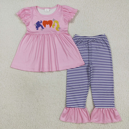 GSPO2043 Witch Pink Tunic Top Stripes Pants Girls Halloween Clothes Set
