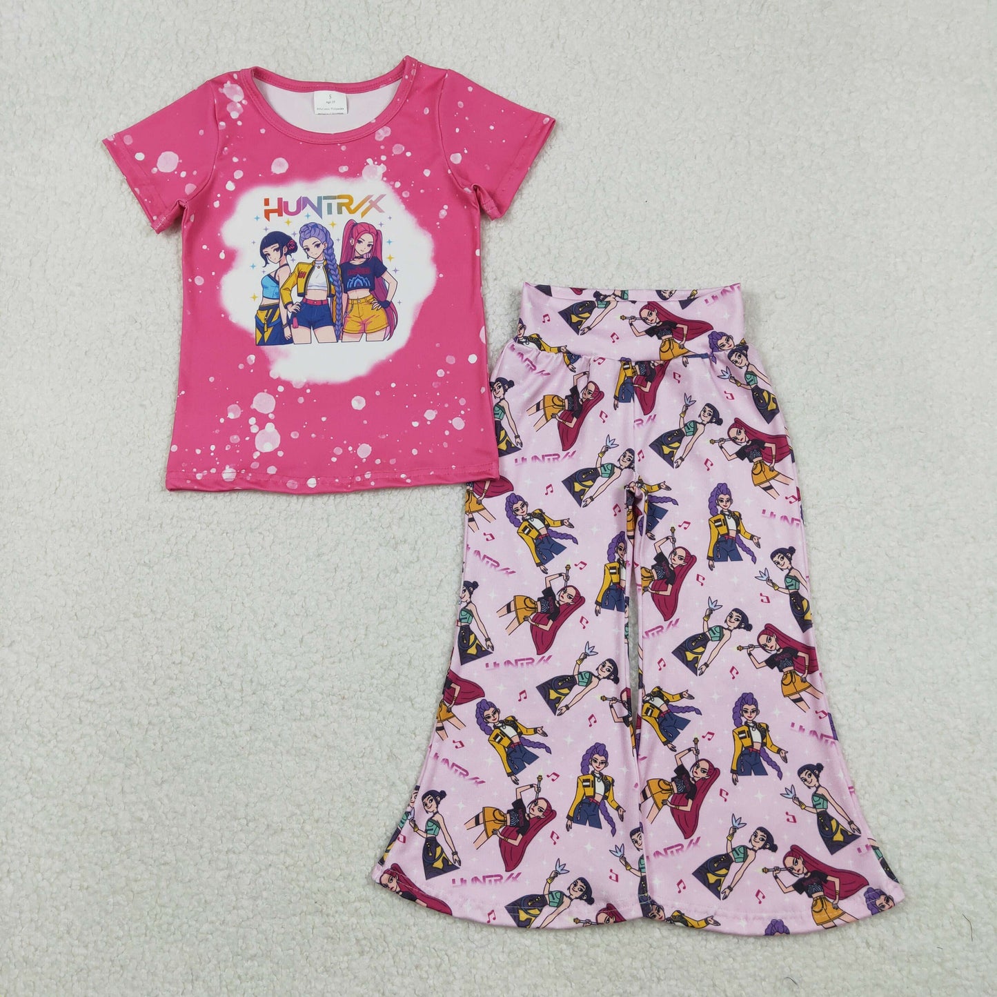Sibling Baby Girls Short Sleeve Cartoon Demon Hunter Top Bell Bottom Pants Clothes Sets