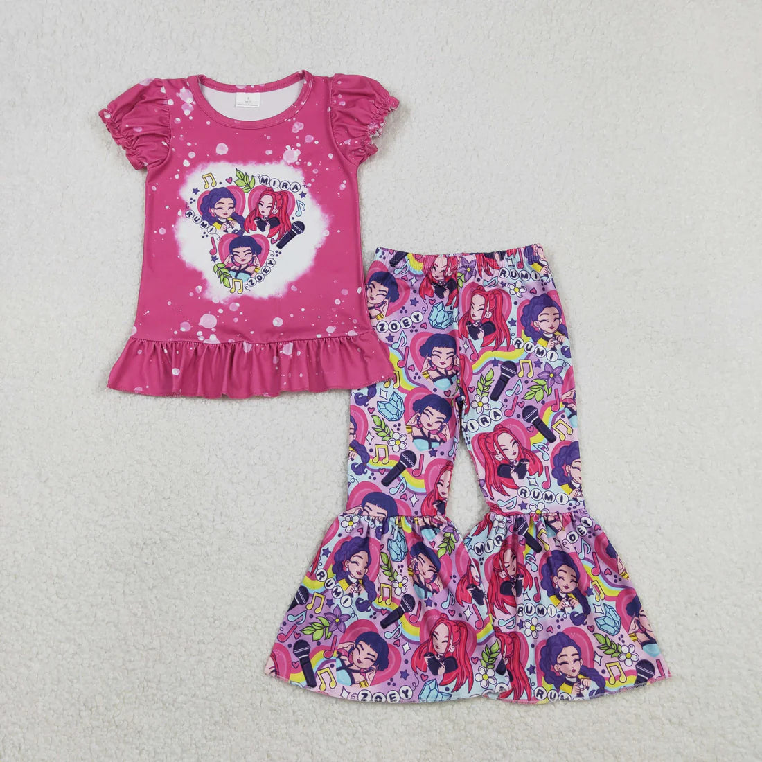 Sibling Baby Girls Short Sleeve Cartoon Demon Hunter Top Bell Bottom Pants Outfit