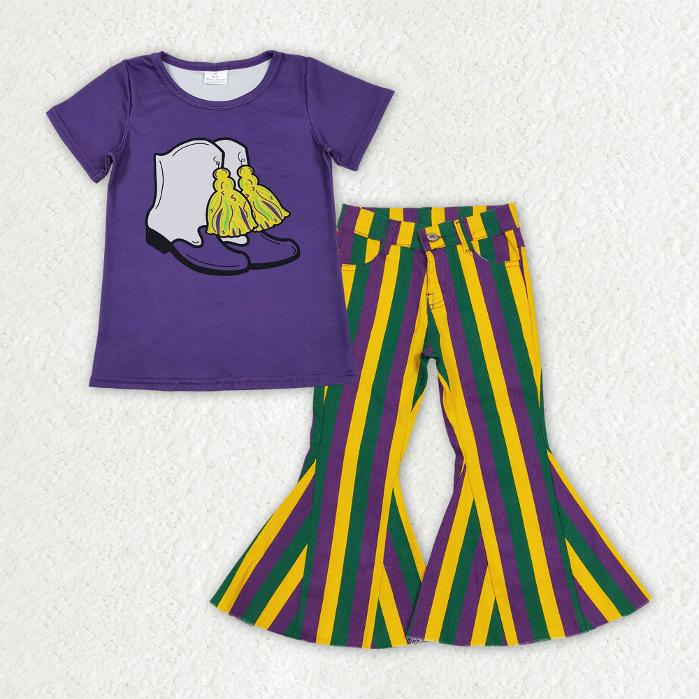 Sibling Baby Girls Mardigras Top Denim Bell Bottom Pants Clothes Sets