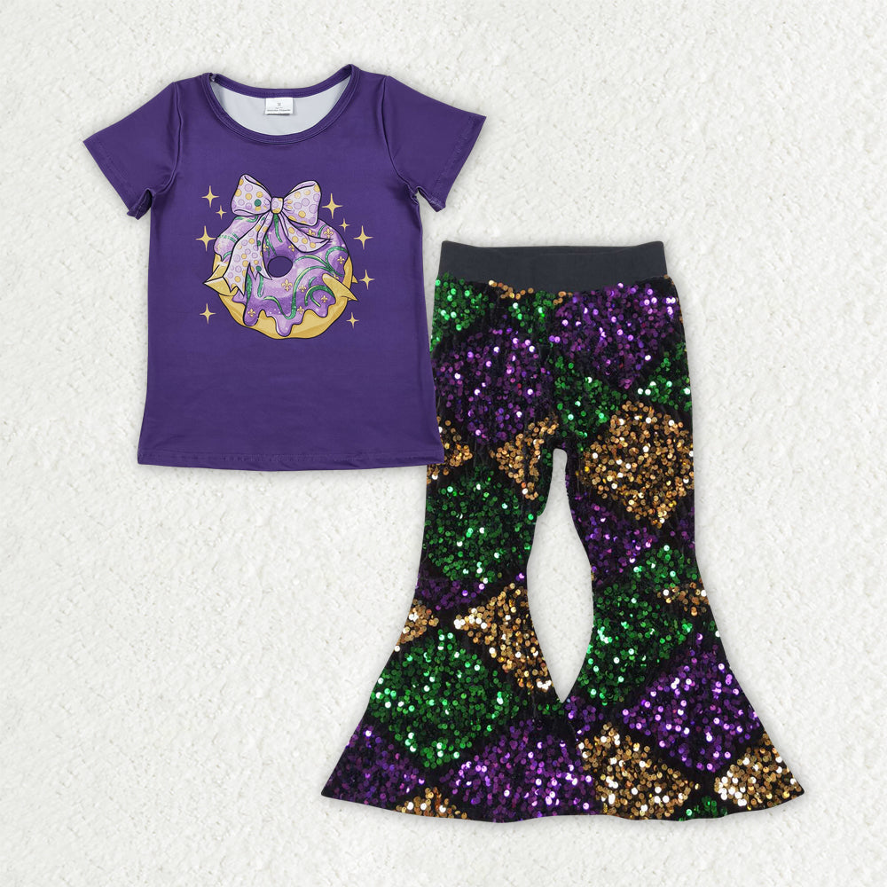 Sibling Baby Girls Mardigras Top Sequin Checked Bell Bottom Pants Clothes Sets