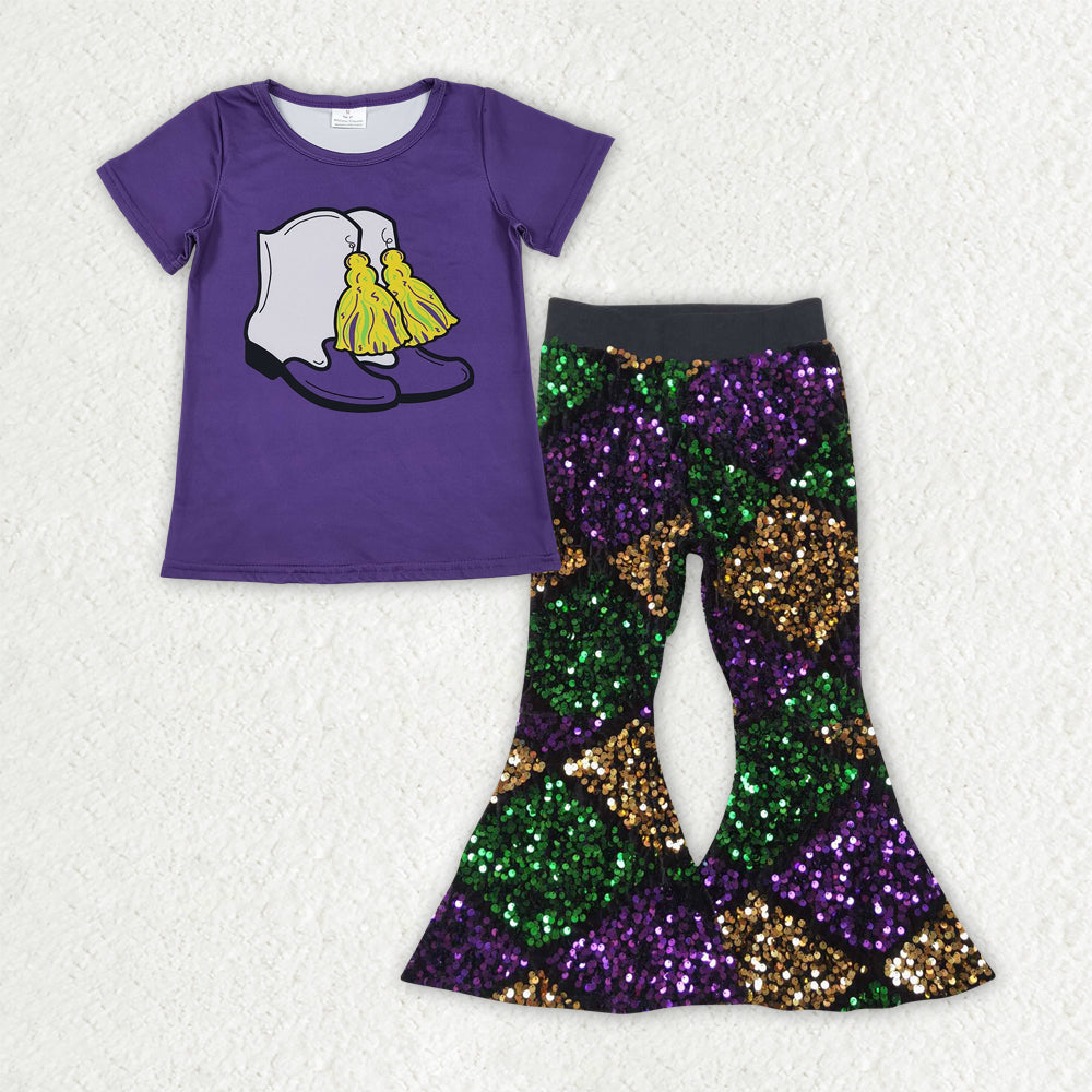 Sibling Baby Girls Mardigras Top Sequin Checked Bell Bottom Pants Clothes Sets
