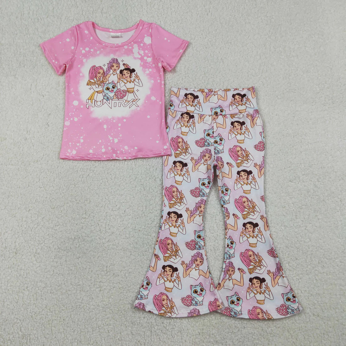 Sibling Baby Girls Short Sleeve Cartoon Demon Hunter Top Bell Bottom Pants Outfit