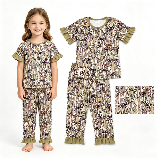 GSPO2264 Camo Bows Short Sleeve Pants Girls Pajamas Clothes Set