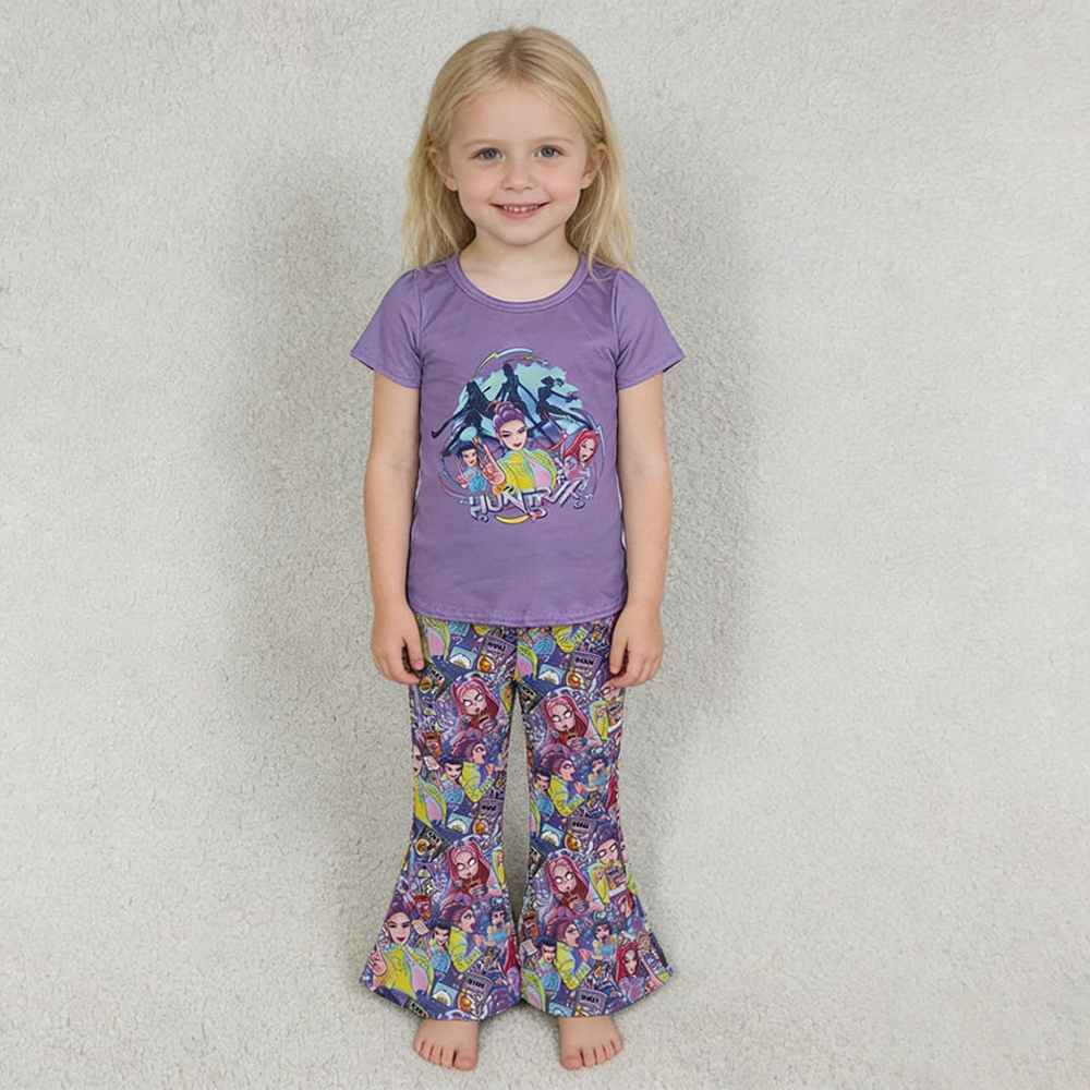 GSPO2272 Girls Cartoon Demon Purple Short Sleeve Top with Bell Bottom pants Outfit