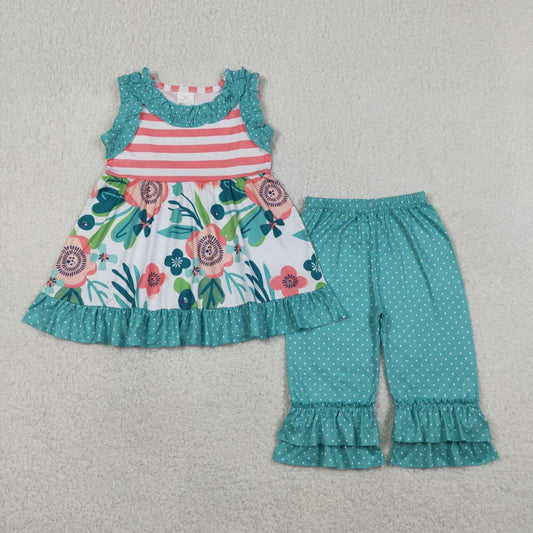 (Promotion)GSPO2314  Flowers Sleeveless Tunic Top Ruffle Capri Pants Girls Summer Clothes Set