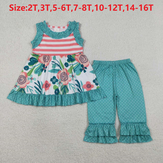 (Promotion)GSPO2314  Flowers Sleeveless Tunic Top Ruffle Capri Pants Girls Summer Clothes Set