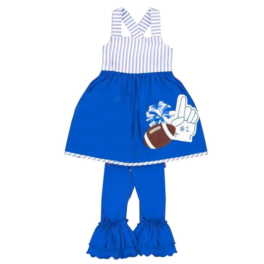 4.22 Preorder GSPO2319 Football Cheer Stripes Blue Tunic Top Ruffle Pants Girls Clothes Set