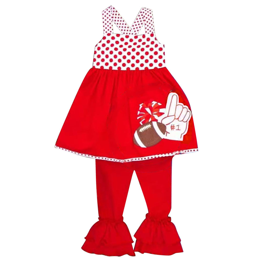 4.22 Preorder GSPO2321 Football Cheer Dots Tunic Top Ruffle Pants Girls Clothes Set