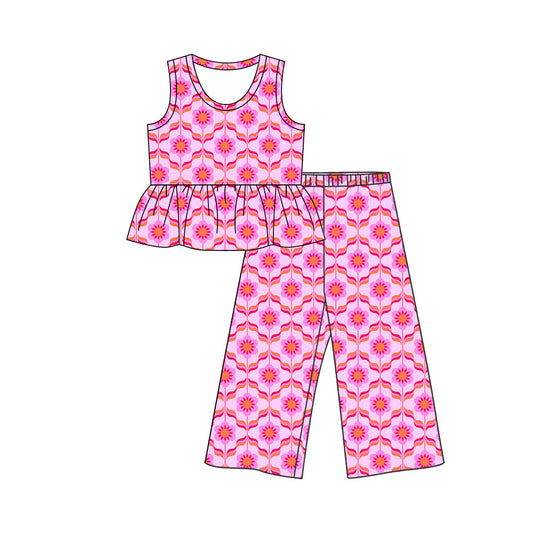 5.9 Girls Pink Retro Floral Peplum Set - Sleeveless Top & Wide Leg Pants Preorder