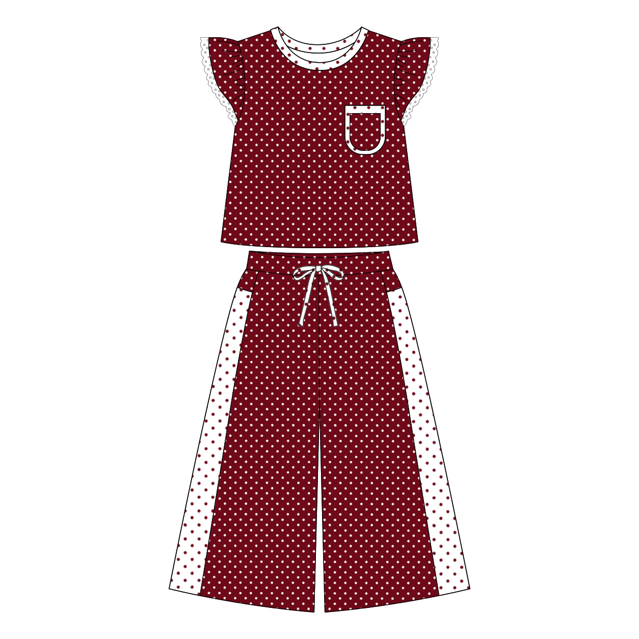 7.2 Preorder Girls Burgundy Polka Dot Ruffle Tank & Wide Leg Pants 2 Piece Outfit