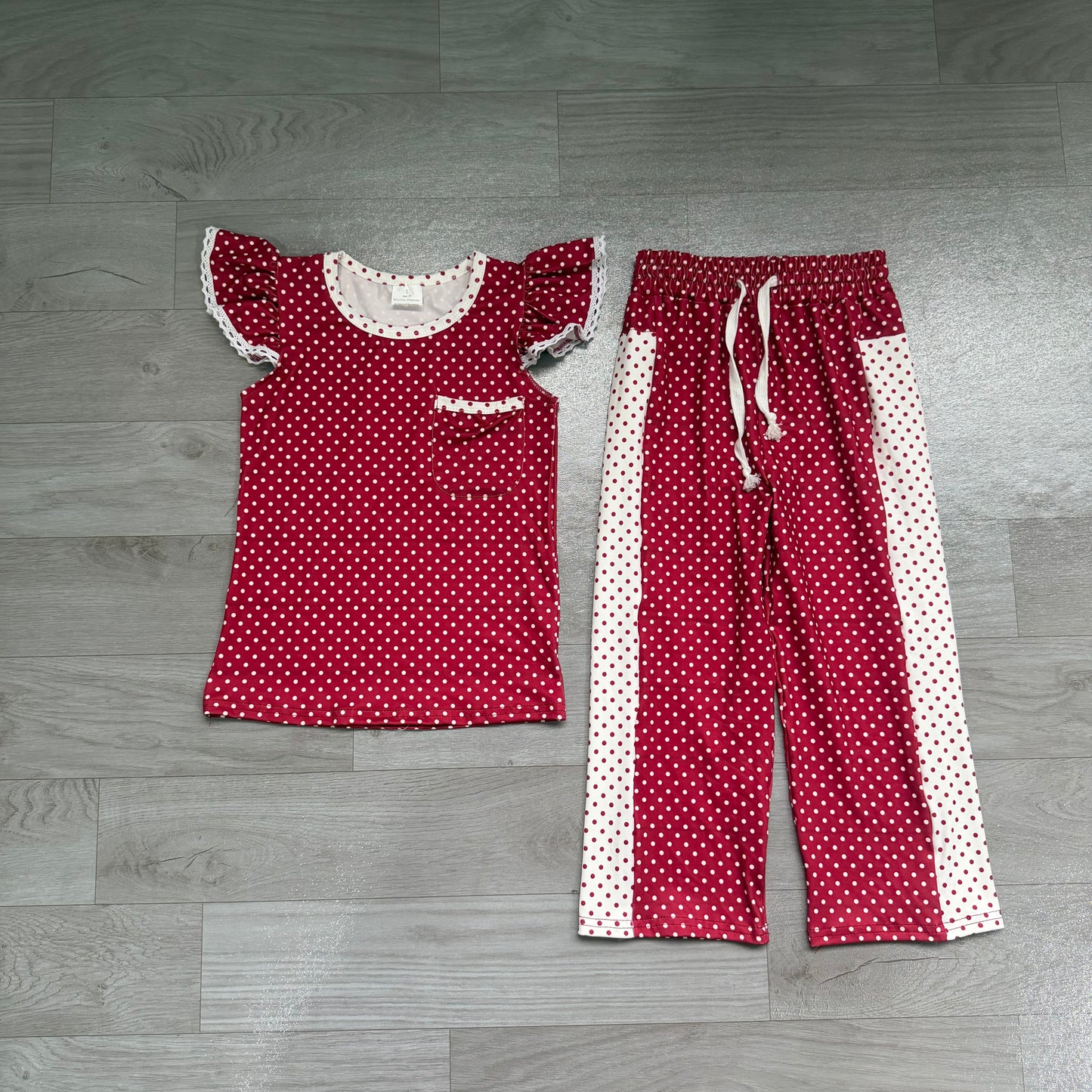 Preorder Girls Burgundy Polka Dot Ruffle Tank & Wide Leg Pants 2 Piece Outfit
