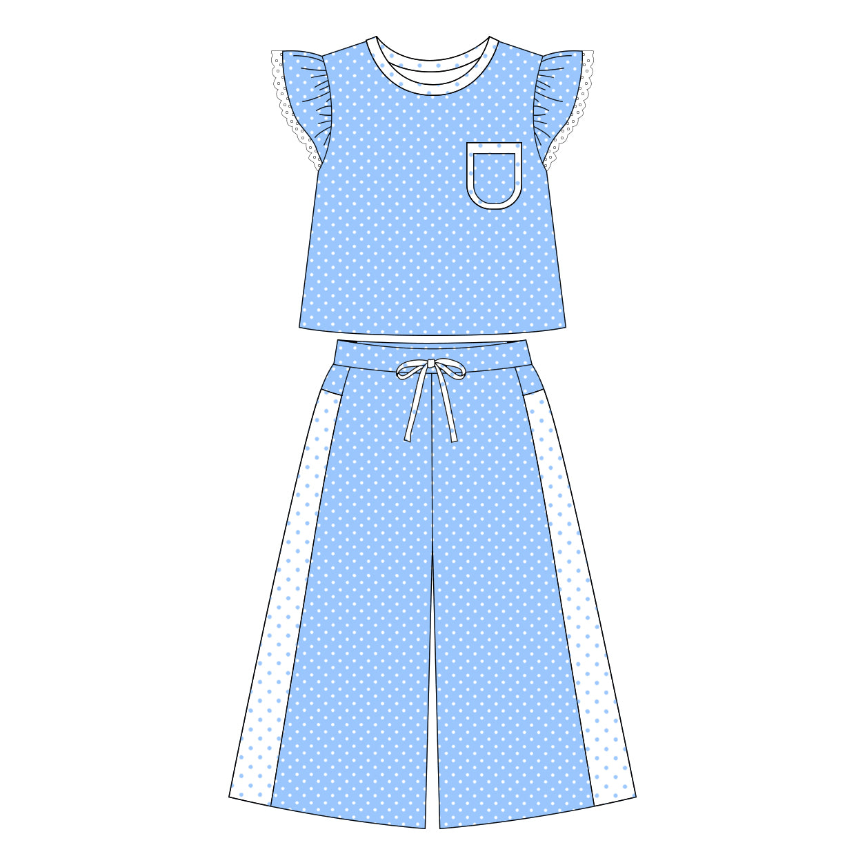 7.2 Preorder Girls Blue Polka Dot Ruffle Tank & Wide Leg Pants 2 Piece Outfit