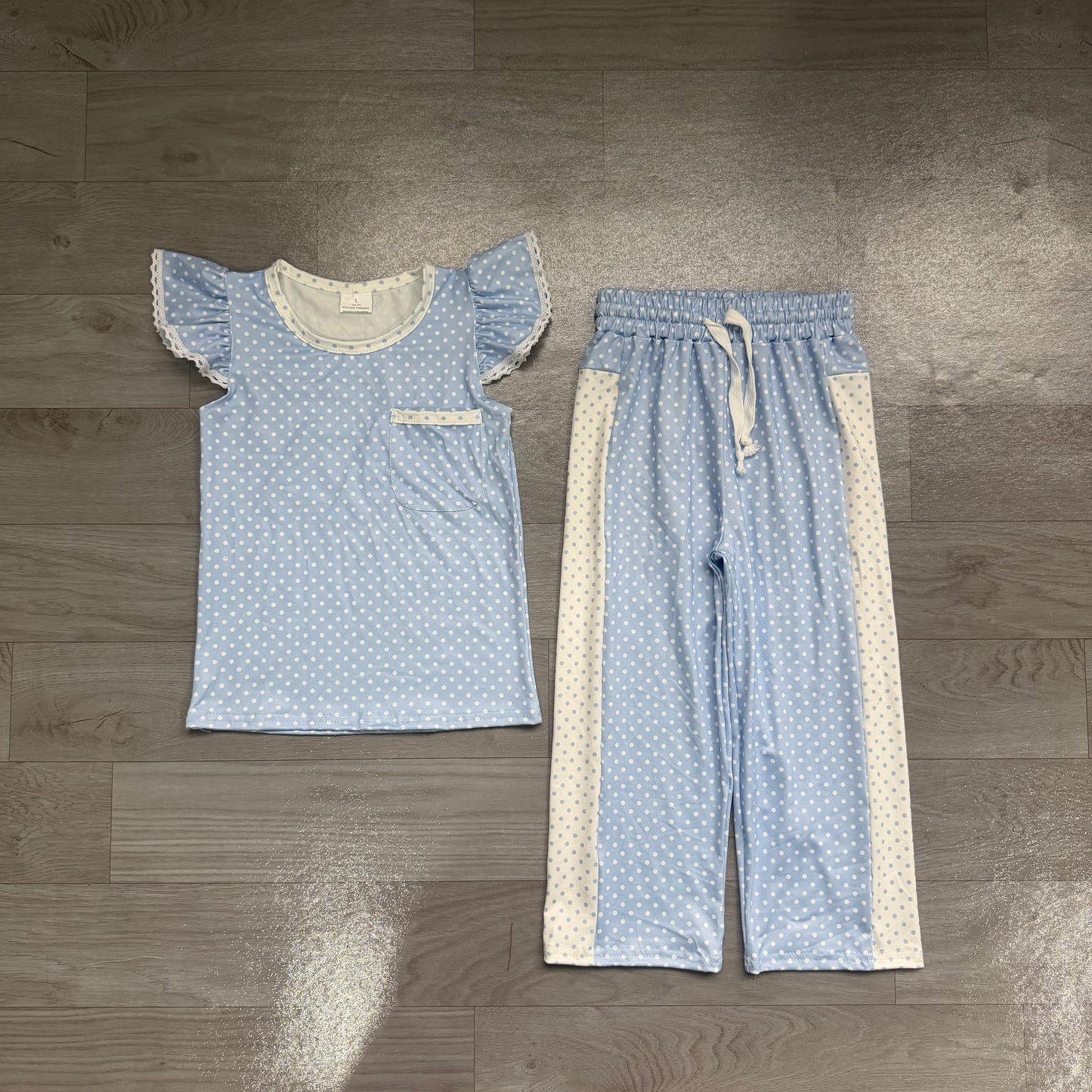 Preorder Girls Blue Polka Dot Ruffle Tank & Wide Leg Pants 2 Piece Outfit