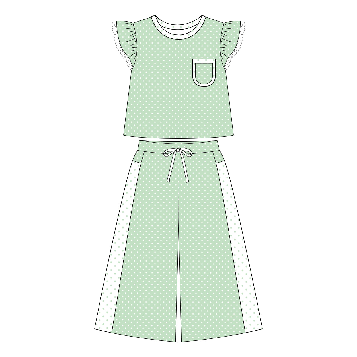 7.2 Preorder Girls Green Polka Dot Ruffle Tank & Wide Leg Pants 2 Piece Outfit