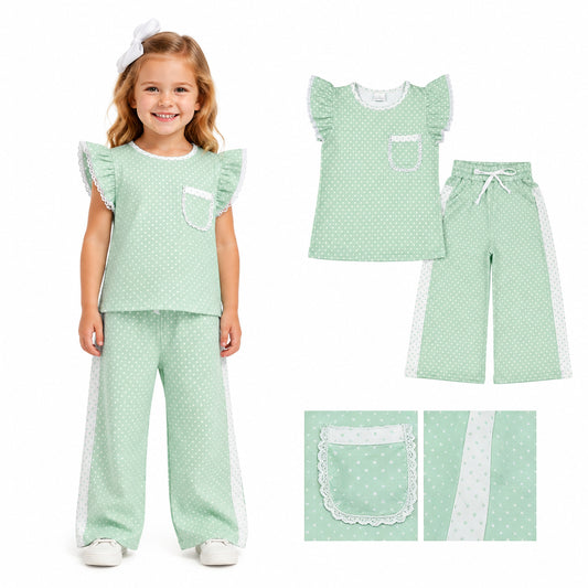 GSPO2332 Green Polka Dot Flutter Sleeve Top Straight Pockets Pants Girls Clothes Set