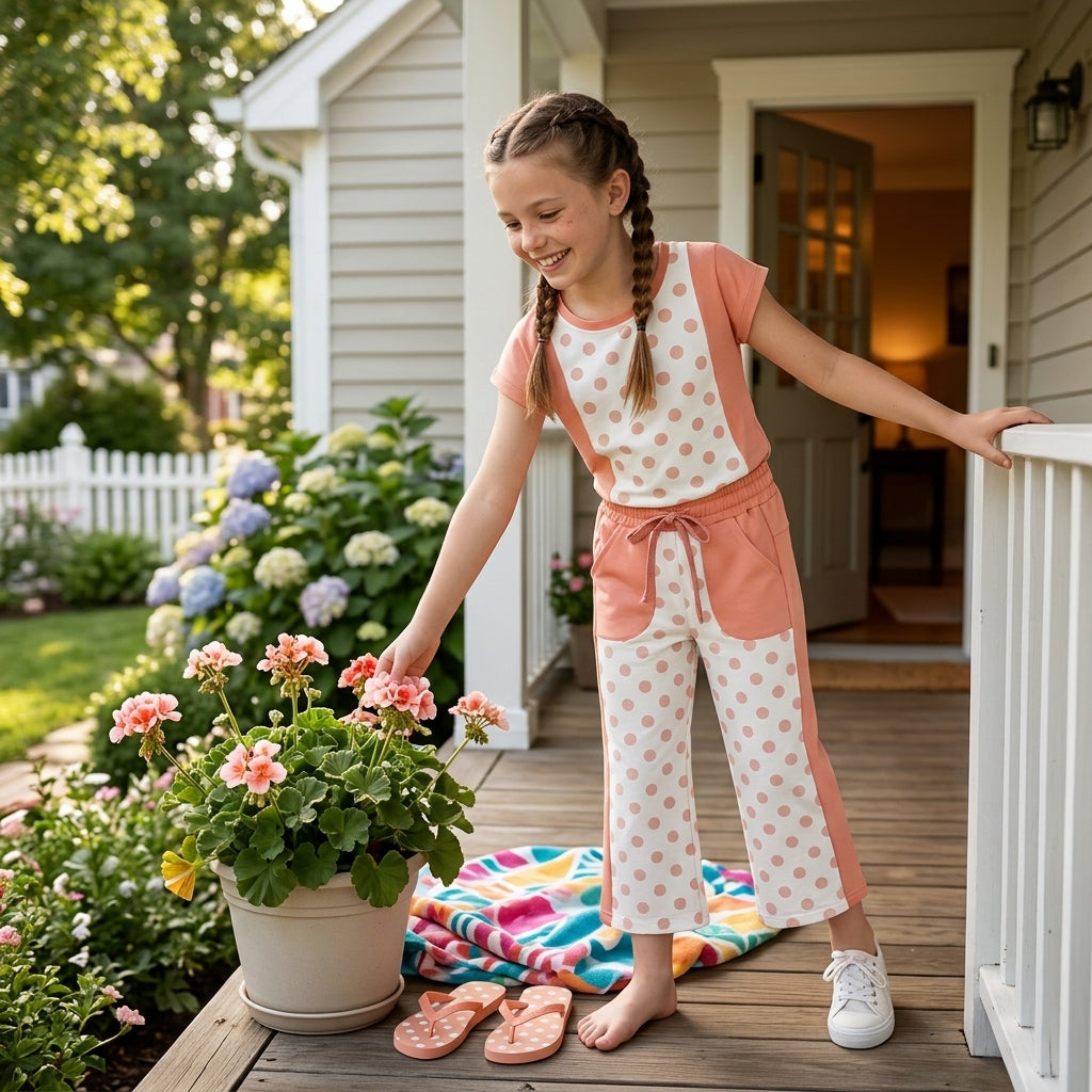 GSPO2333 Girls Pink Color Block Polka Dot Short Sleeve Top & Wide Leg Pants Outfit