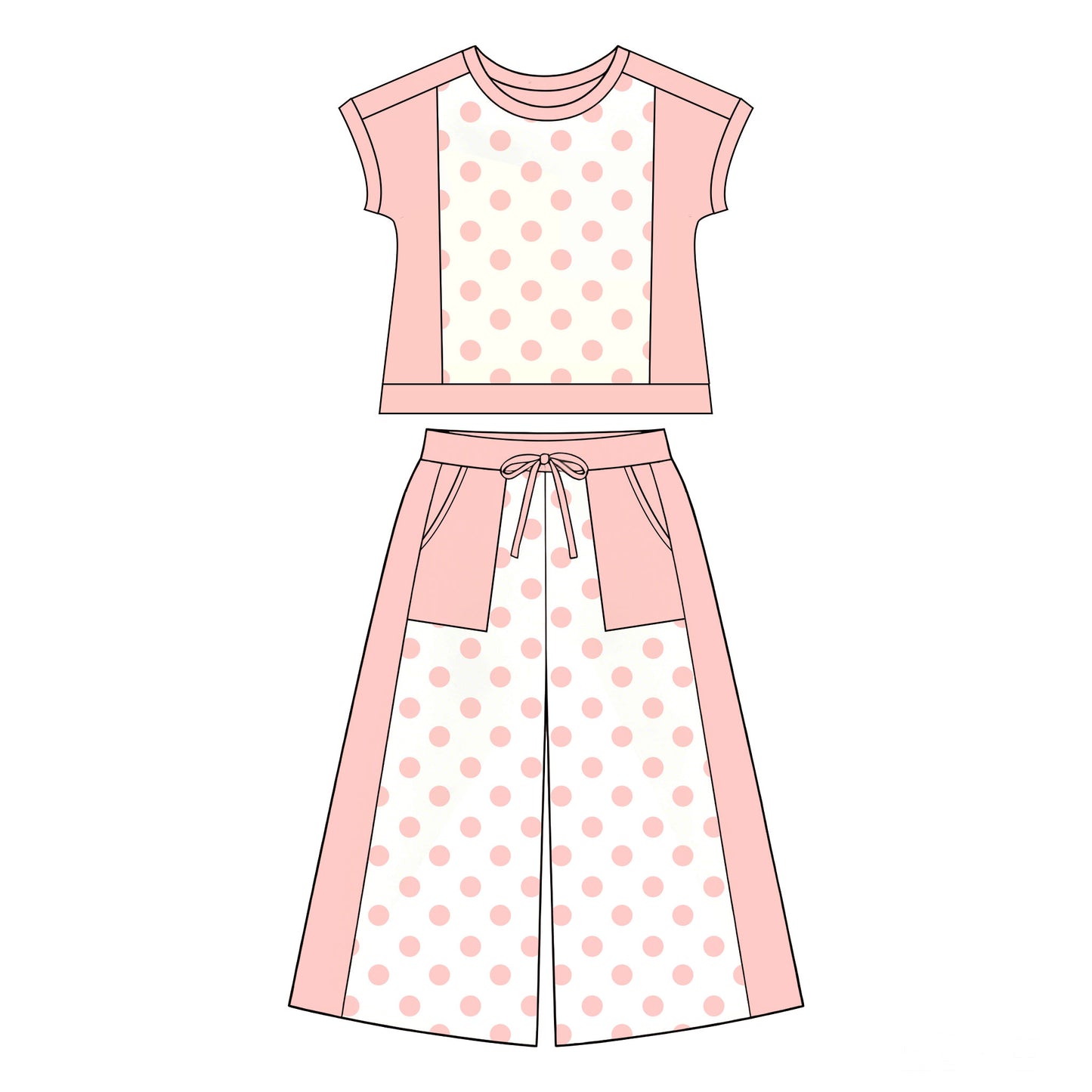 7.2 Preorder Girls Pink Color Block Polka Dot Short Sleeve Top & Wide Leg Capri Pants Outfit