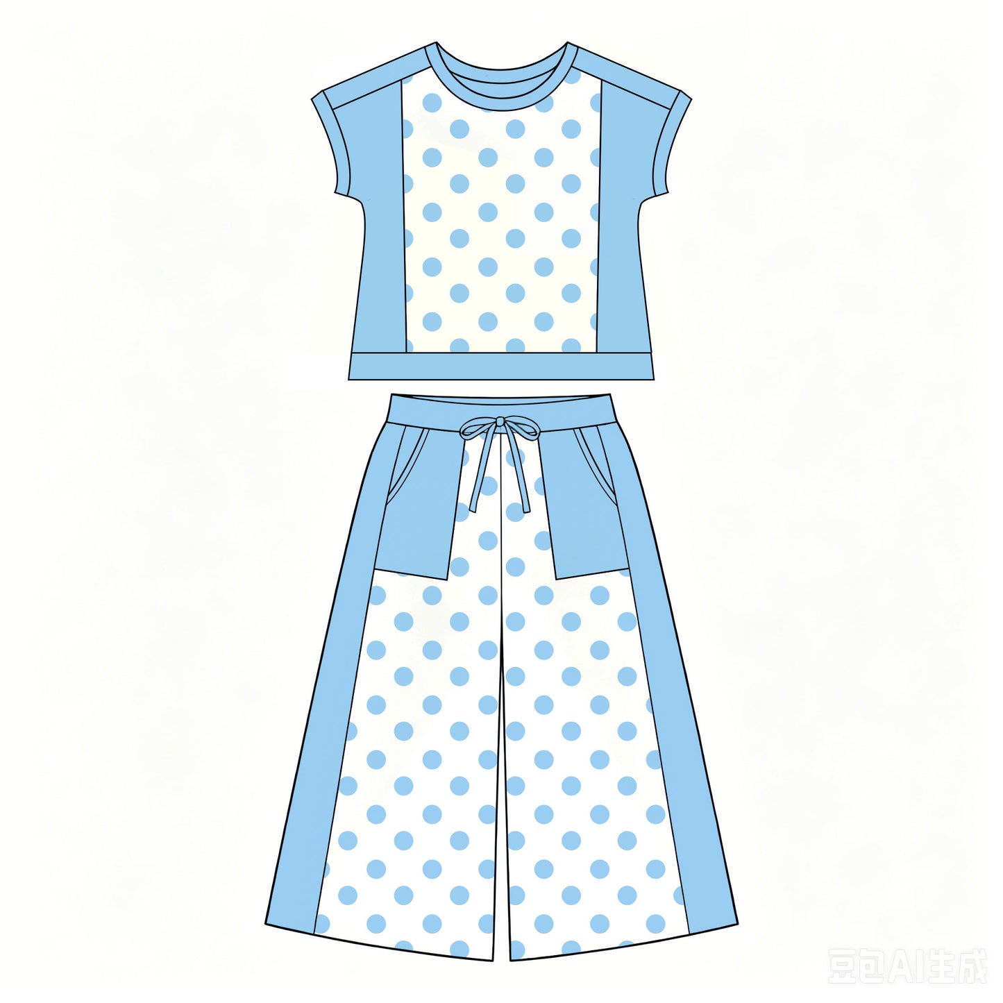 7.2 Preorder Girls Blue Color Block Polka Dot Short Sleeve Top & Wide Leg Capri Pants Outfit