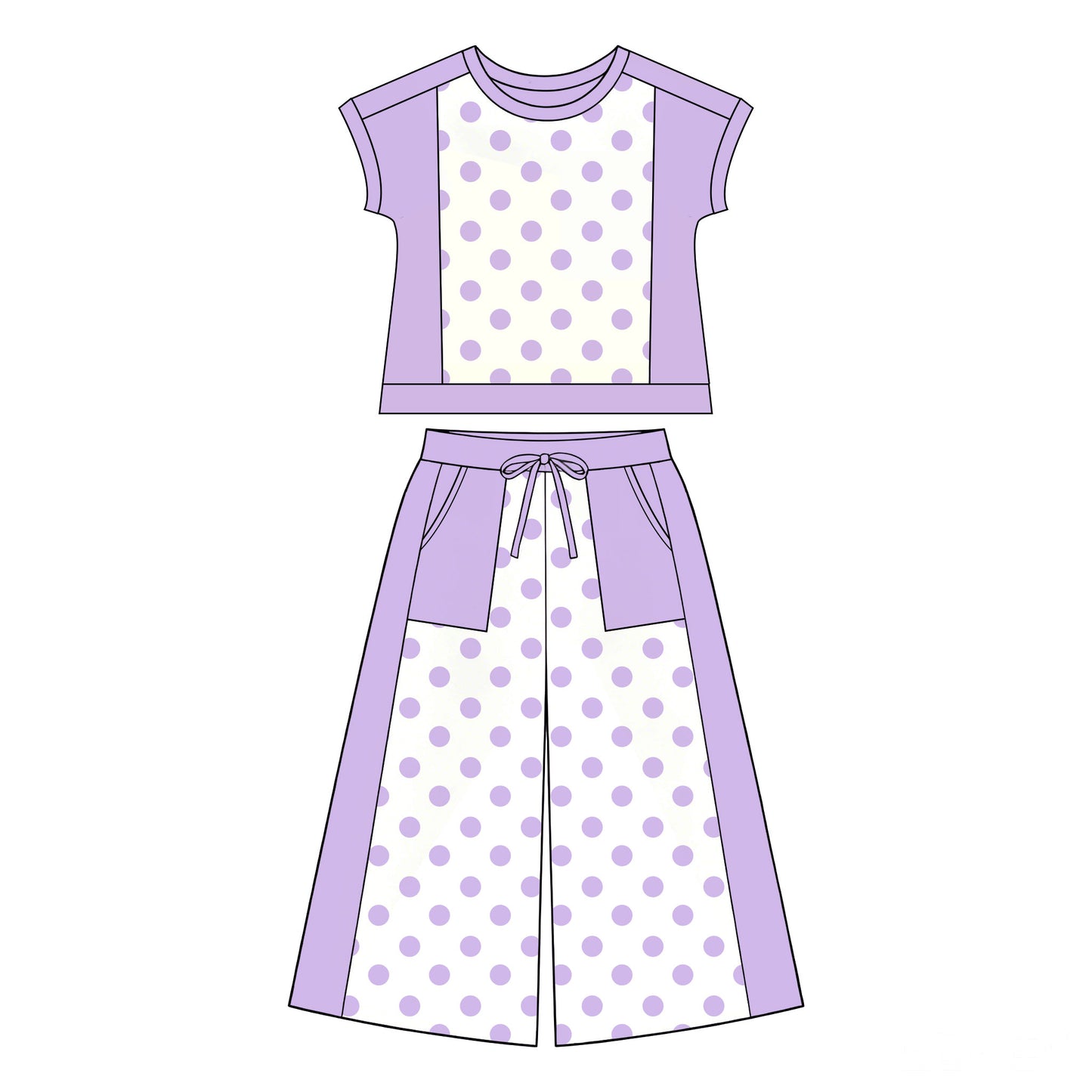 7.2 Preorder Girls Purple Color Block Polka Dot Short Sleeve Top & Wide Leg Capri Pants Outfit
