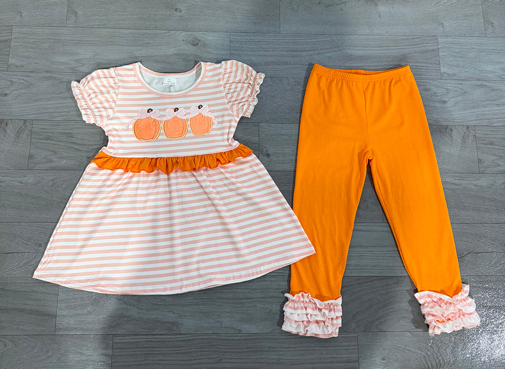 7.4 Preorder GSPO2337 Pumpkin Pink Stripes Tunic Top Orange Pants Girls Fall Clothes Set