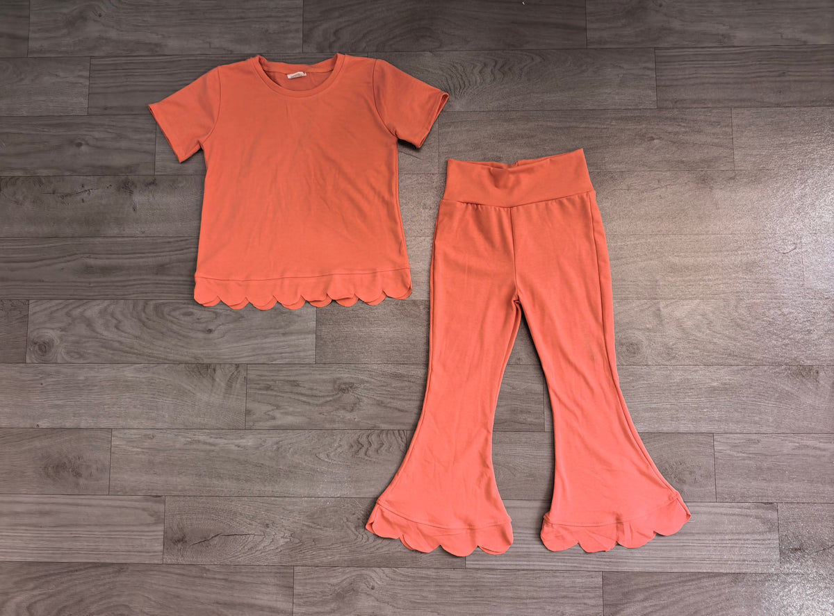 GSPO2338 Pink Cotton Scallop Edge Short Sleeve Bell Pants Girls Clothes Set