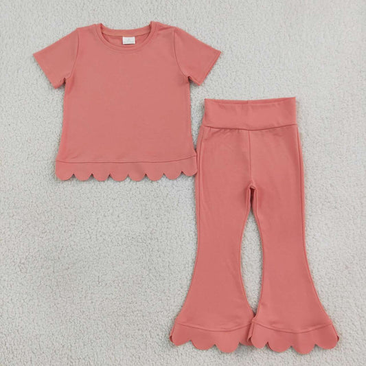 GSPO2338 Pink Cotton Scallop Edge Short Sleeve Bell Pants Girls Clothes Set
