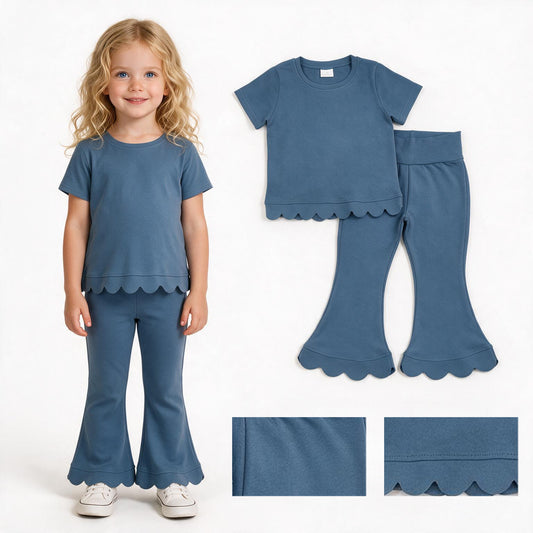 GSPO2339 Blue Cotton Scallop Edge Short Sleeve Bell Pants Girls Clothes Set