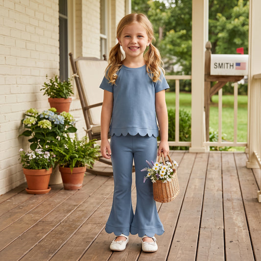 GSPO2339 Blue Cotton Scallop Edge Short Sleeve Bell Pants Girls Clothes Set