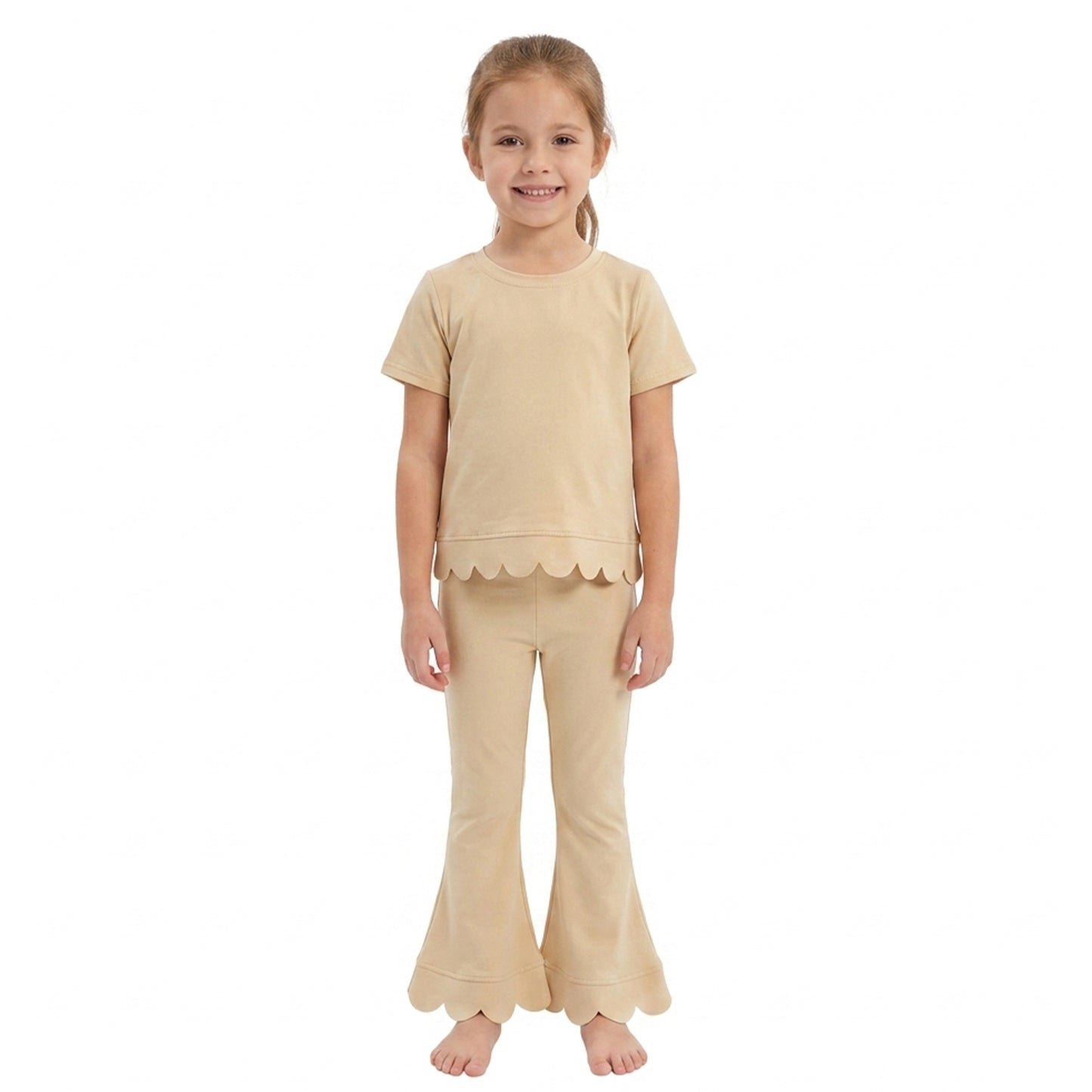 GSPO2340 Khaki Cotton Scallop Edge Short Sleeve Bell Pants Girls Clothes Set