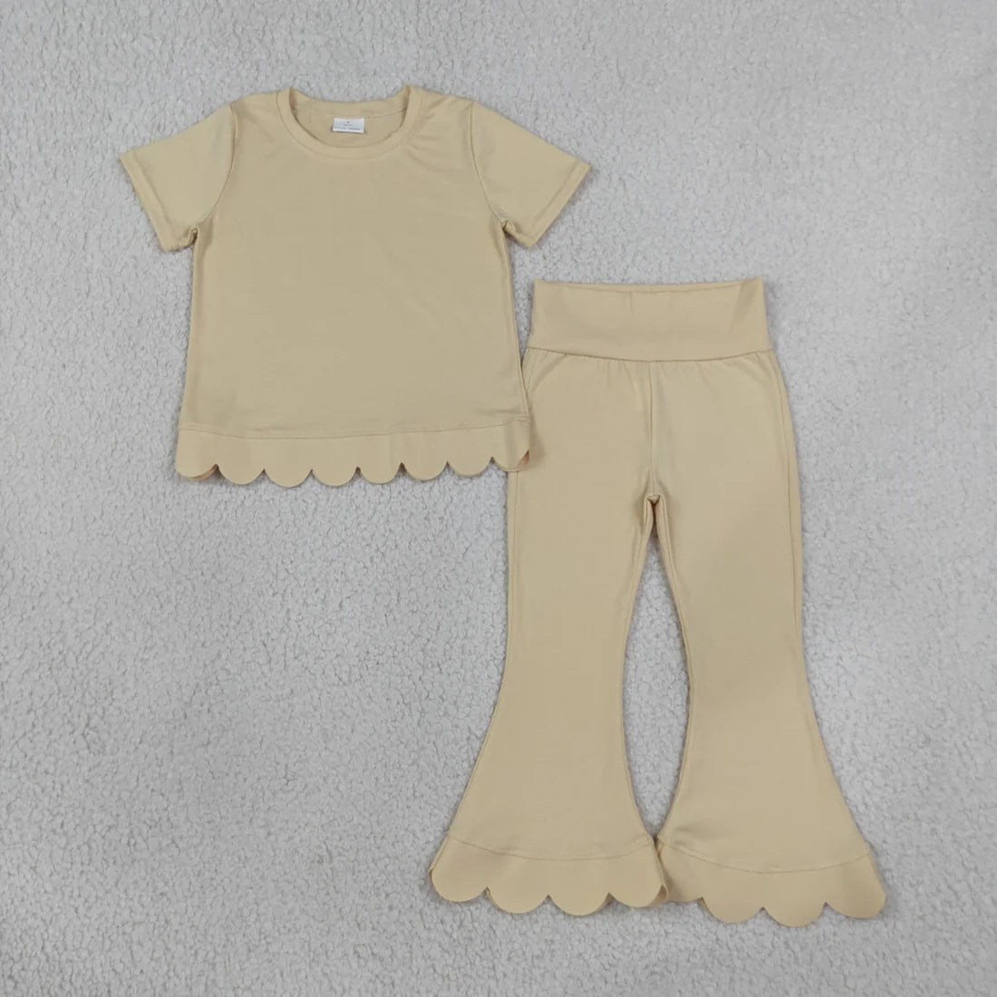 Sibling Baby Girls Solid Color Short Sleeve Scallop Top with bell Bottom Pants Outfit