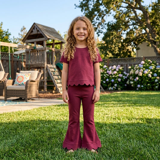GSPO2341 Burgundy Cotton Scallop Edge Short Sleeve Bell Pants Girls Clothes Set