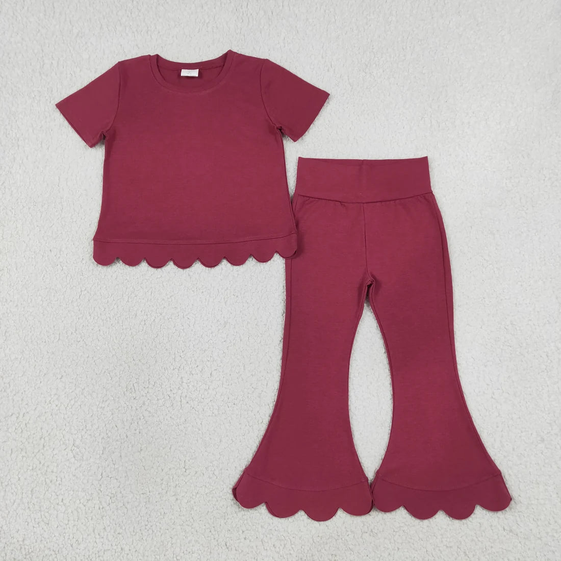 Sibling Baby Girls Solid Color Short Sleeve Scallop Top with bell Bottom Pants Outfit