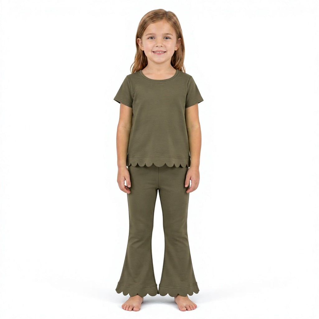 GSPO2342 Olive Green Cotton Scallop Edge Short Sleeve Bell Pants Girls Clothes Set