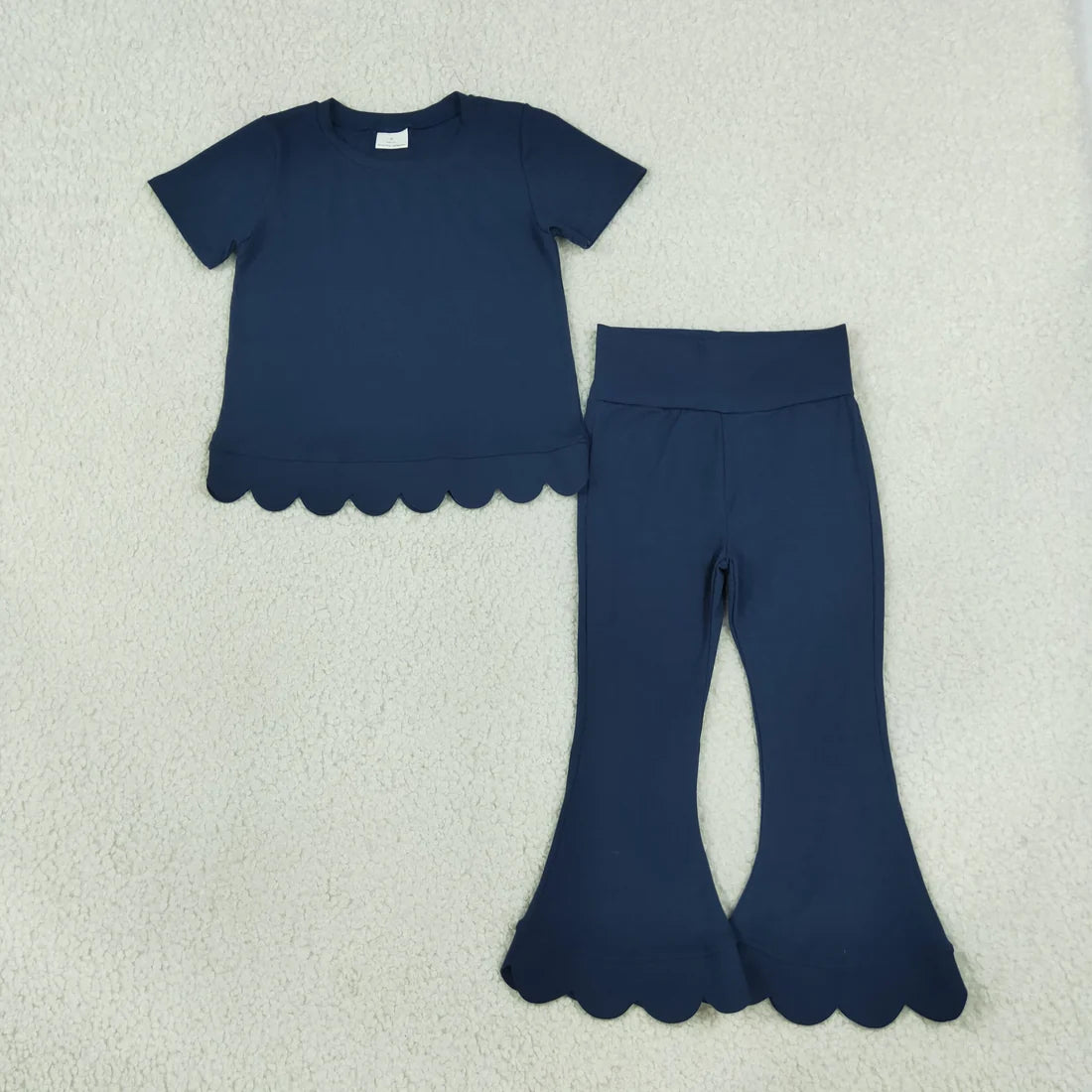 Sibling Baby Girls Solid Color Short Sleeve Scallop Top with bell Bottom Pants Outfit