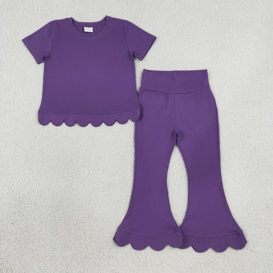 Sibling Baby Girls Solid Color Short Sleeve Scallop Top with bell Bottom Pants Outfit