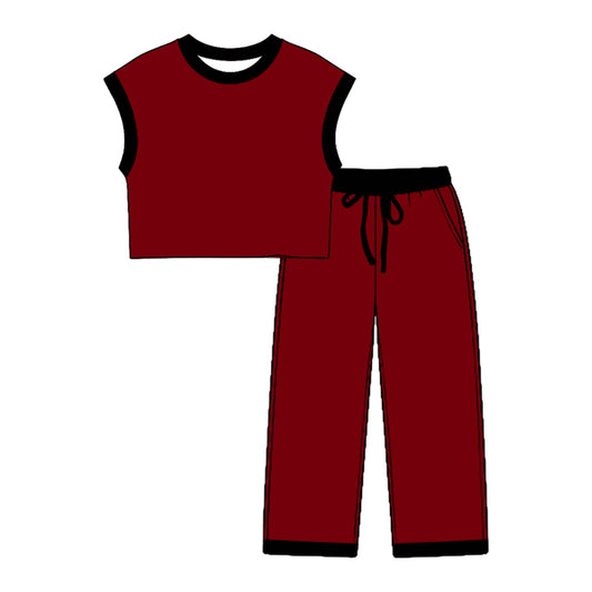 7.23 GSPO2351 Preorder Teams Wine Cotton Sleeveless Top Pockets Pants Kids Clothes Set